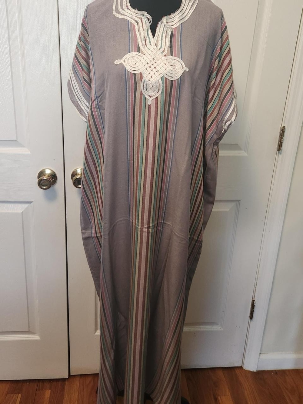 Striped Maxi Caftan with Lace Detail - Taupe, Green, Pink
